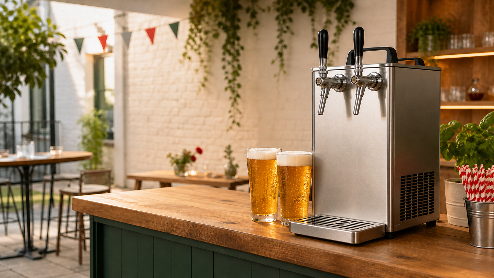 Lindr beer dispenser with two pints at an event bar